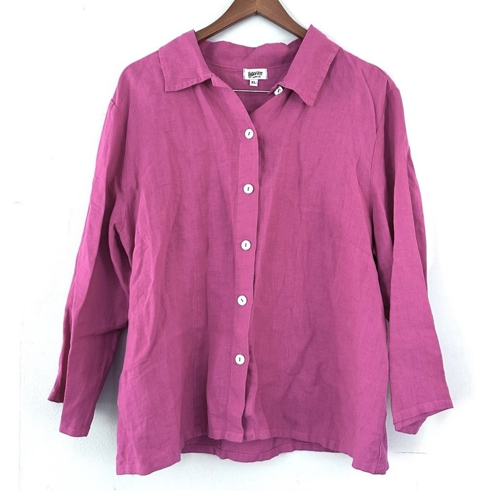 Heaven Linen XL Button Down Shirt 3/4 Sleeve Raspberry Boxy Lagenlook Oversized - Picture 2 of 7